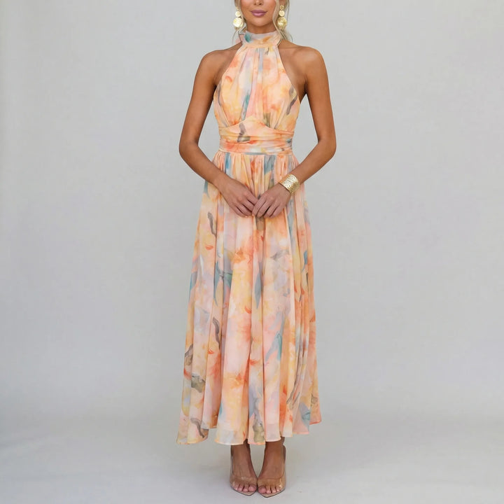 Maxi jurk dames | Luchtige zomerjurk met halter hals en print