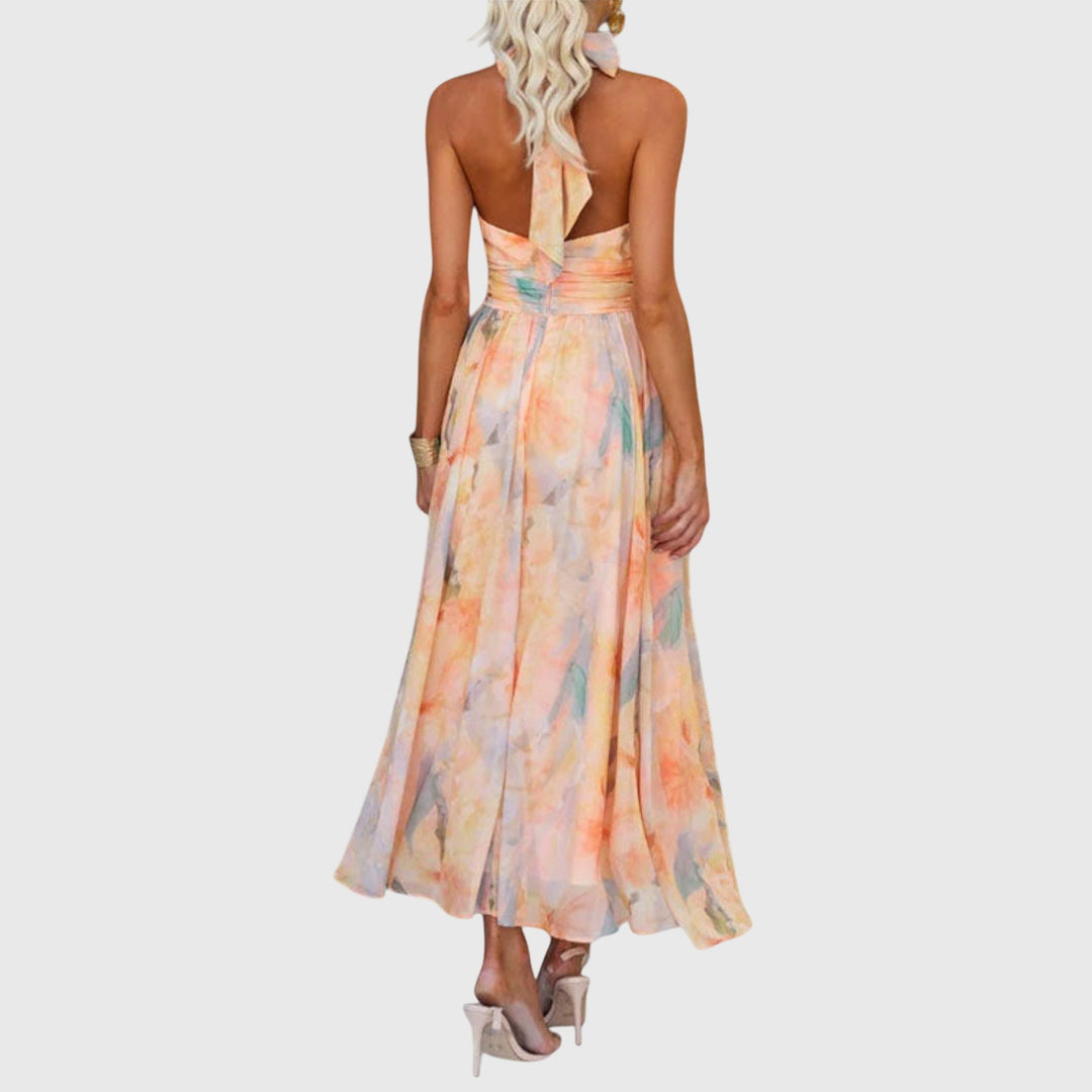 Maxi jurk dames | Luchtige zomerjurk met halter hals en print