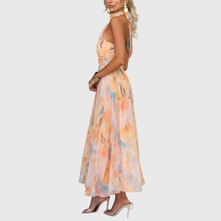 Maxi jurk dames | Luchtige zomerjurk met halter hals en print