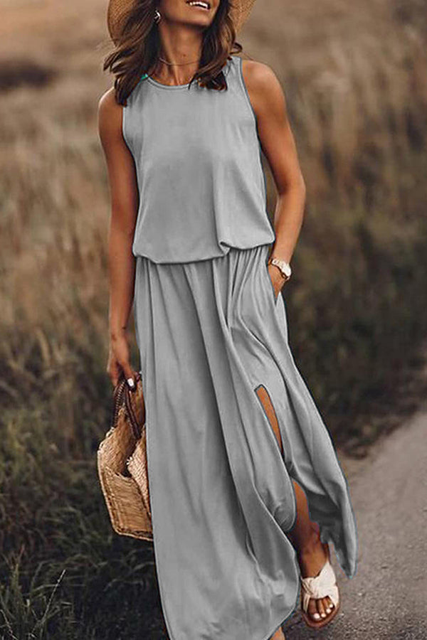 Maxi jurk dames | Luchtige zomerjurk met split en mouwloos design