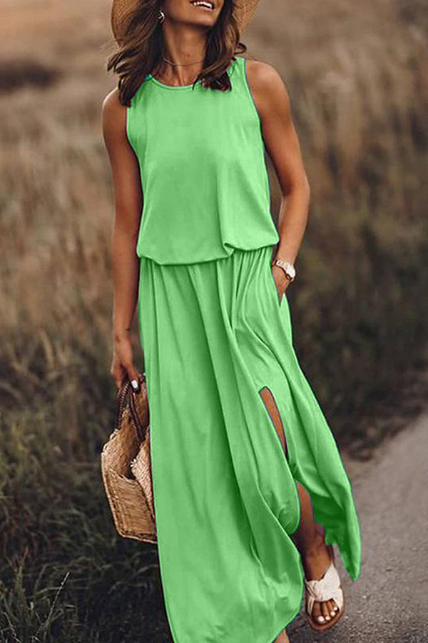 Maxi jurk dames | Luchtige zomerjurk met split en mouwloos design