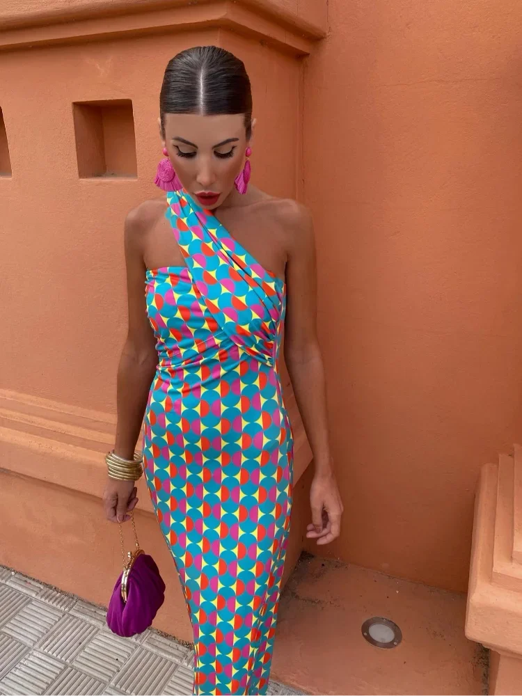 Maxi jurk dames | One shoulder jurk met print