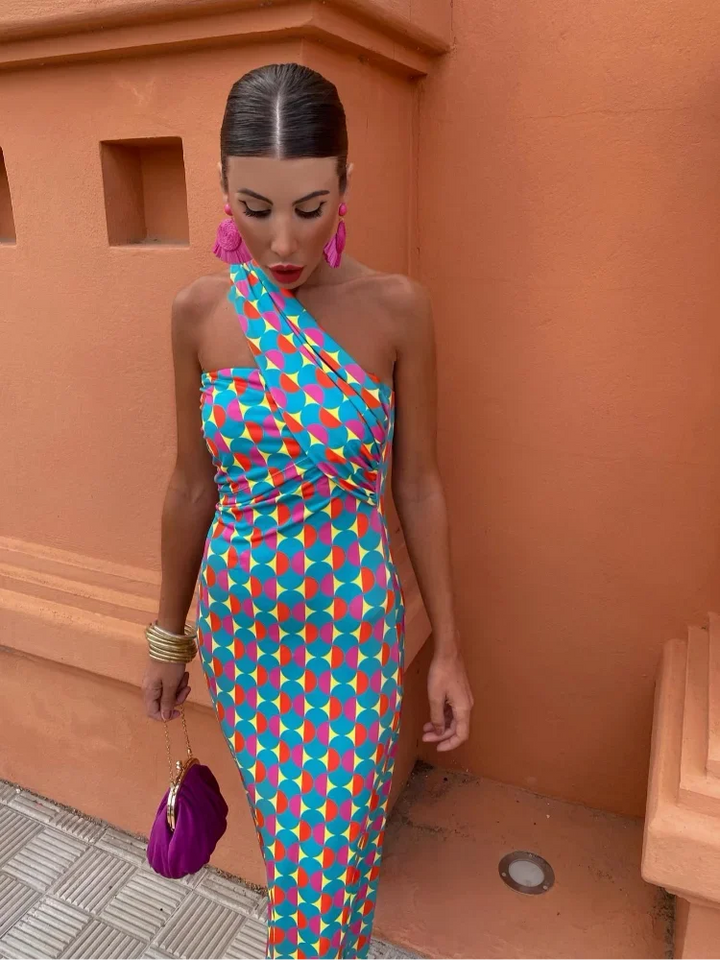 Maxi jurk dames | One shoulder jurk met print