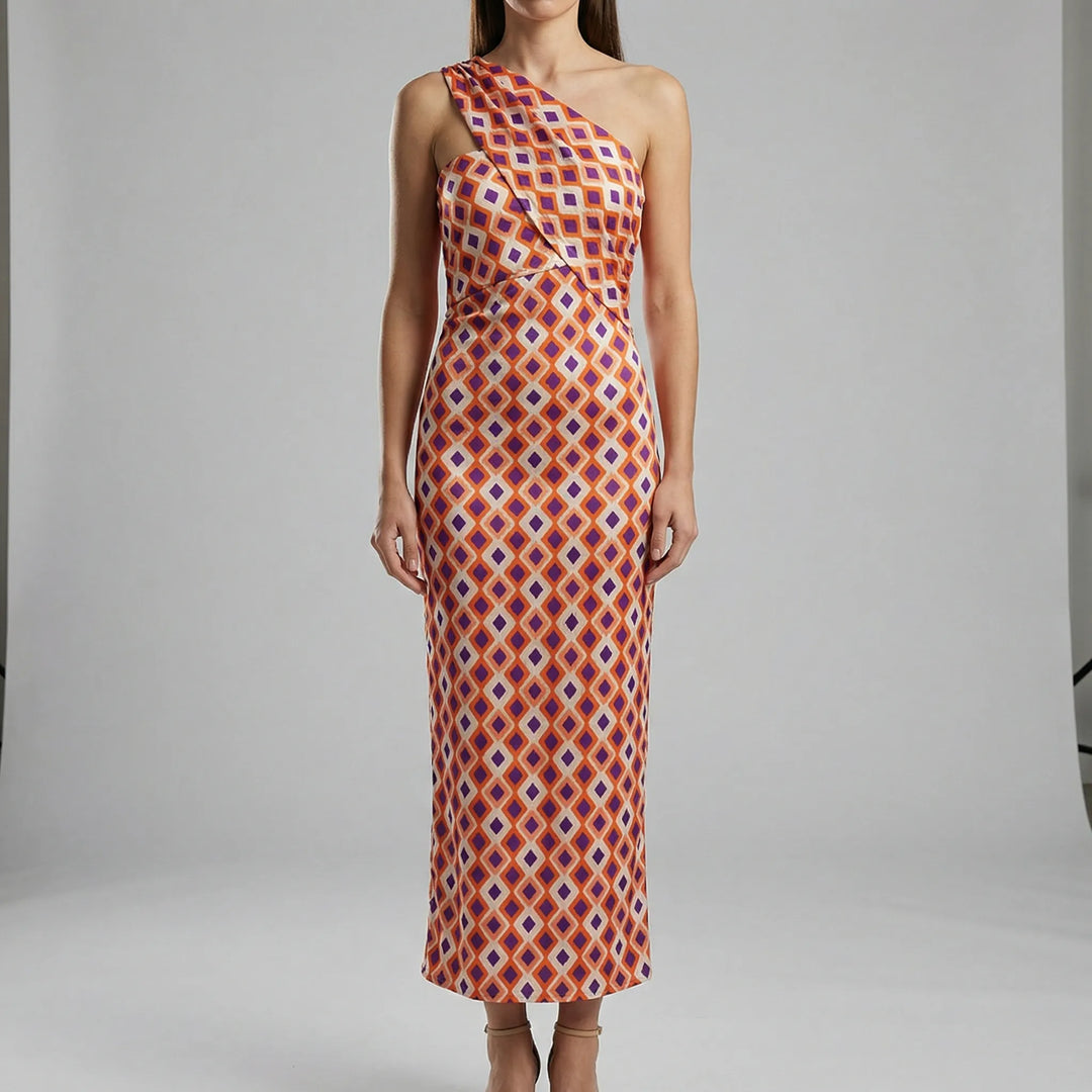 Maxi jurk dames | One shoulder jurk met print