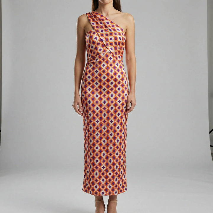 Maxi jurk dames | One shoulder jurk met print