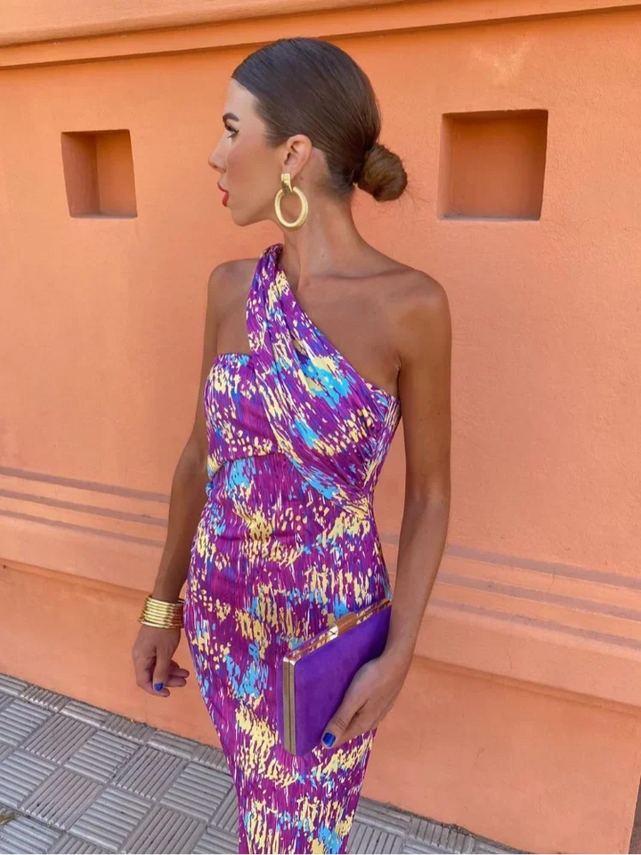 Maxi jurk dames | One shoulder jurk met print