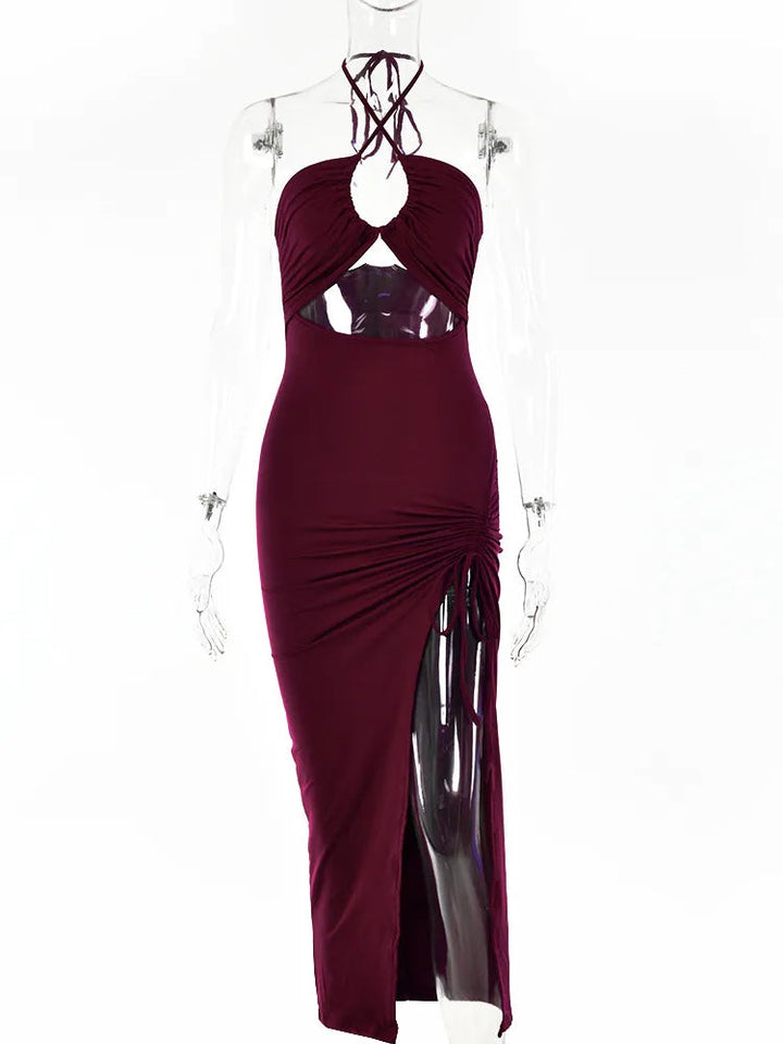 Maxi jurk dames | Zomerjurk met cut-out, halter hals en split