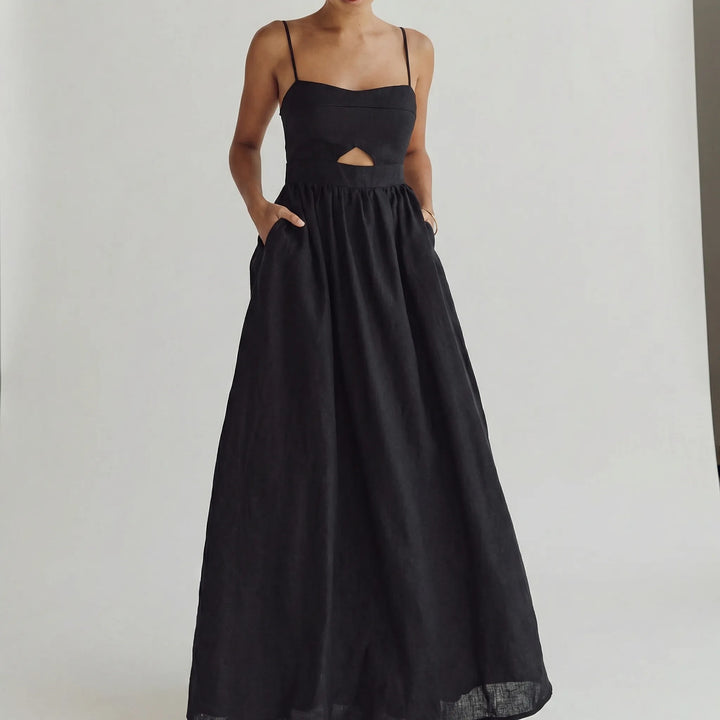 Maxi jurk dames | Zwarte zomerjurk met bandjes en cut-out