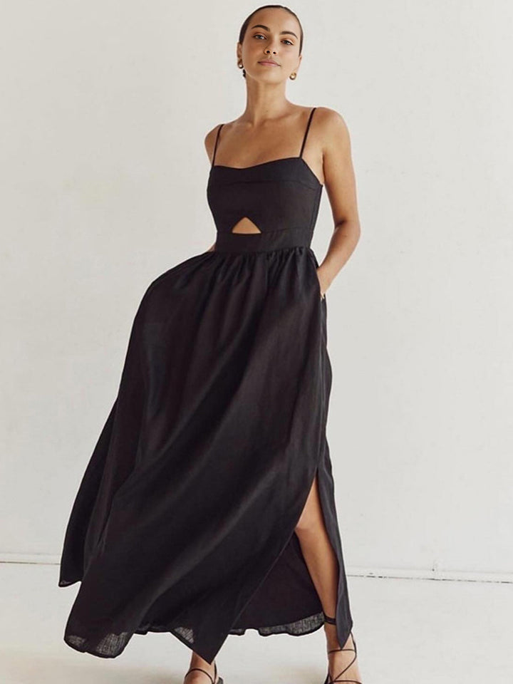 Maxi jurk dames | Zwarte zomerjurk met bandjes en cut-out