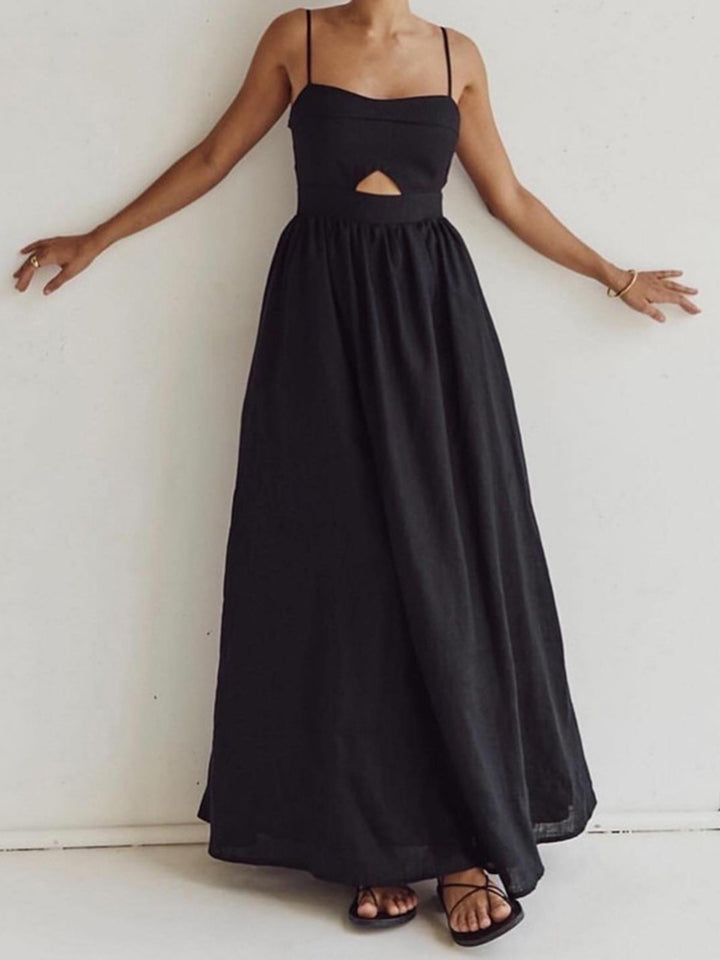 Maxi jurk dames | Zwarte zomerjurk met bandjes en cut-out