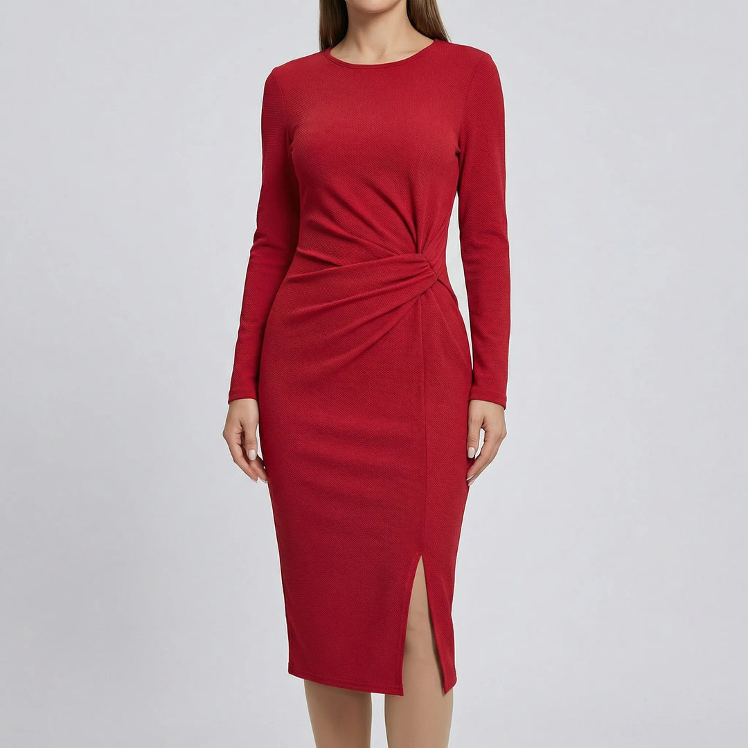 Midi jurk dames | Aansluitende jurk met lange mouwen, tailleplooien en split