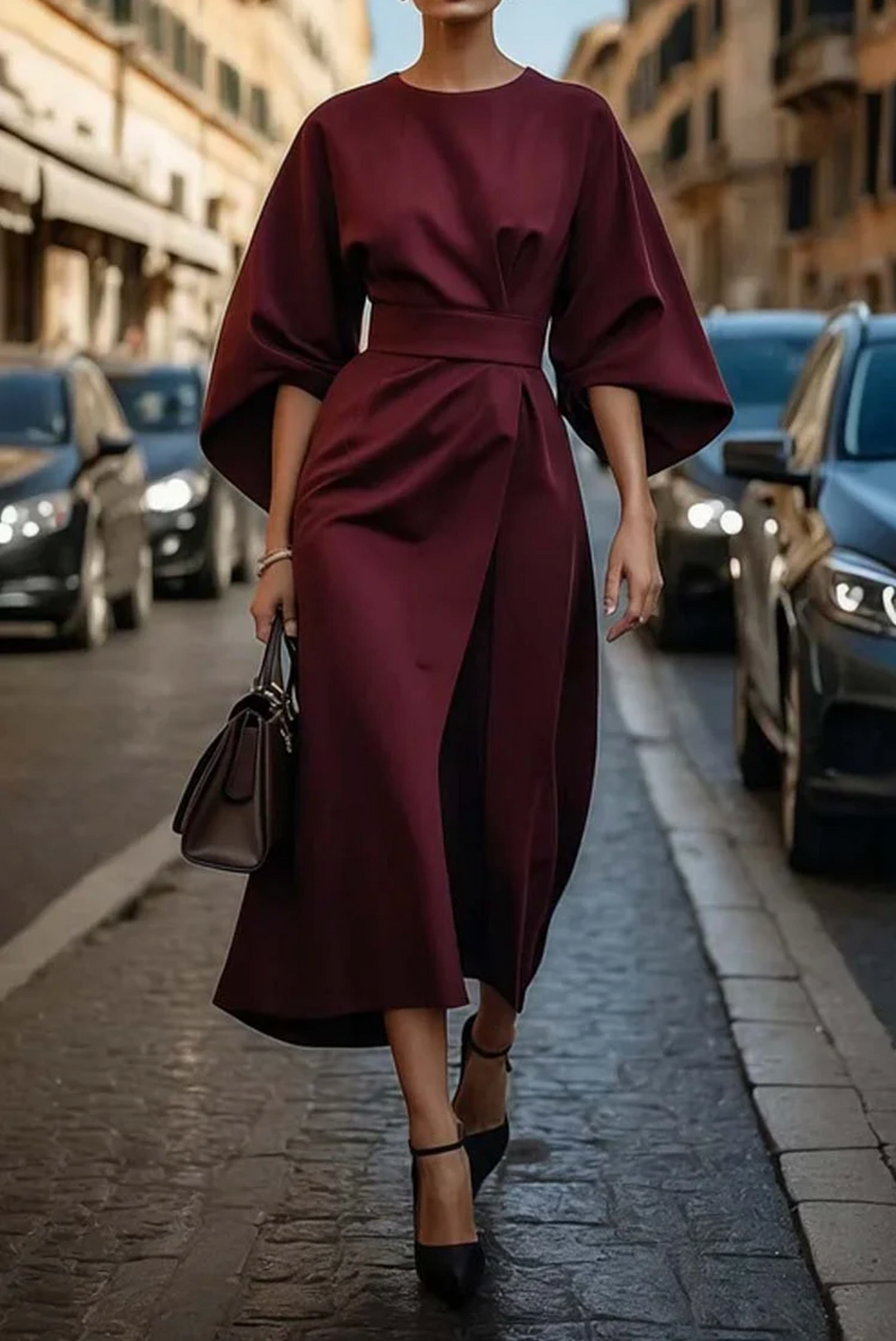 Midi jurk dames | Elegante jurk met lantaarnmouwen en ceintuur