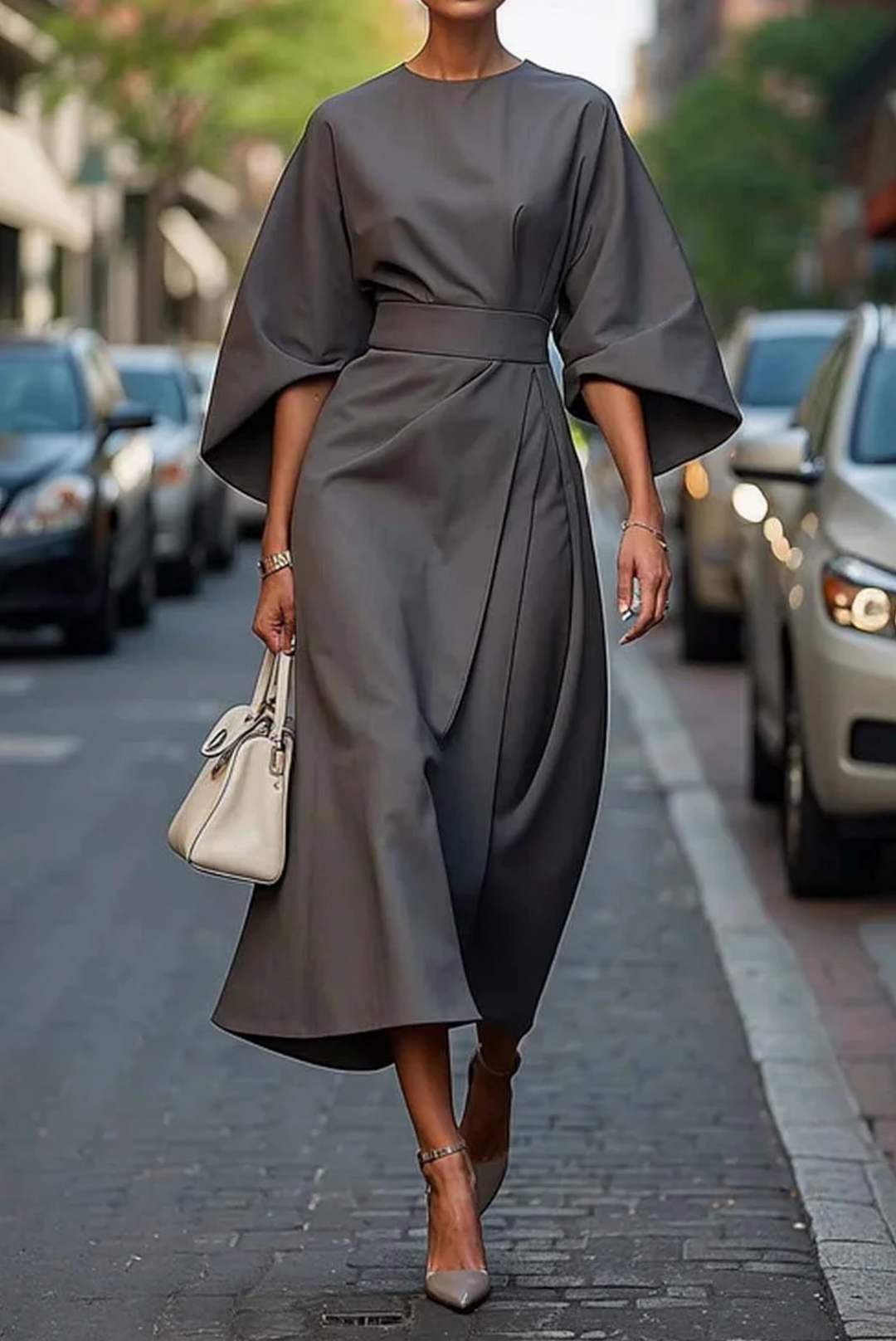 Midi jurk dames | Elegante jurk met lantaarnmouwen en ceintuur