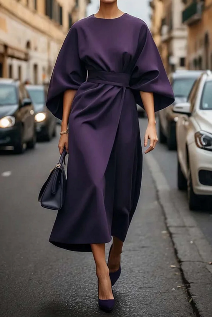 Midi jurk dames | Elegante jurk met lantaarnmouwen en ceintuur