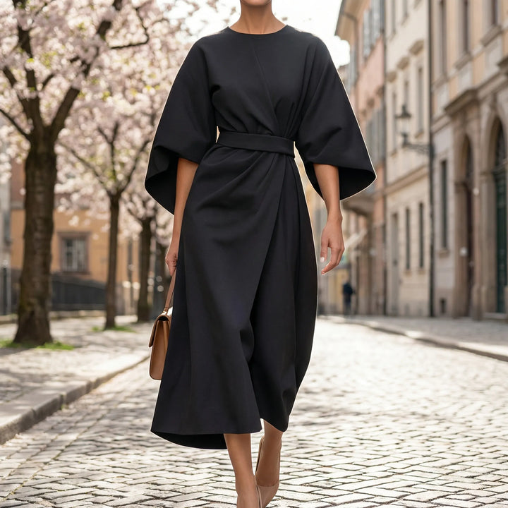 Midi jurk dames | Elegante jurk met lantaarnmouwen en ceintuur