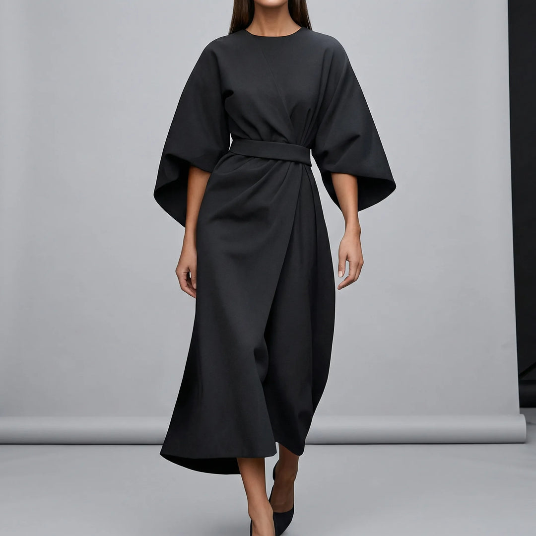 Midi jurk dames | Elegante jurk met lantaarnmouwen en ceintuur