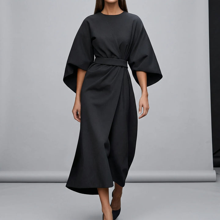 Midi jurk dames | Elegante jurk met lantaarnmouwen en ceintuur