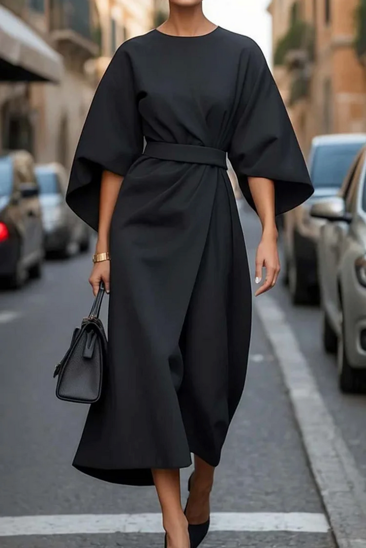 Midi jurk dames | Elegante jurk met lantaarnmouwen en ceintuur