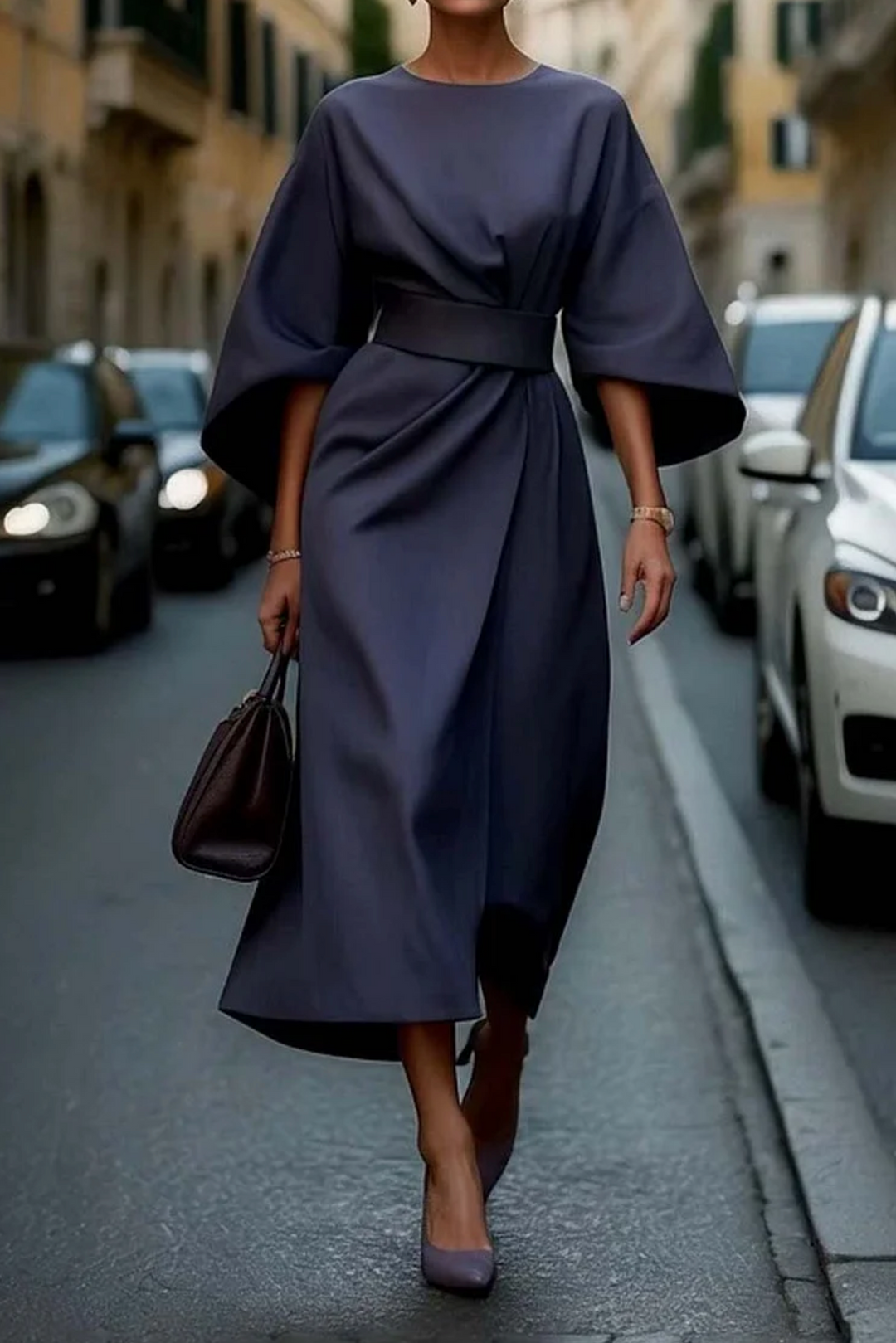 Midi jurk dames | Elegante jurk met lantaarnmouwen en ceintuur