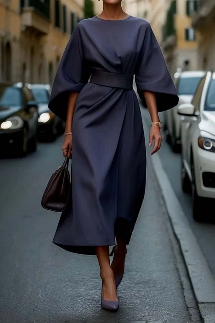 Midi jurk dames | Elegante jurk met lantaarnmouwen en ceintuur