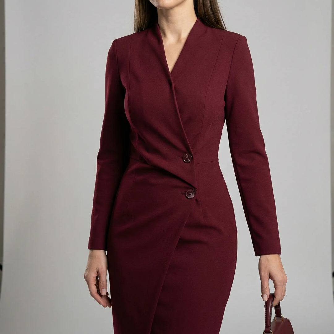 Midi jurk dames | Getailleerde overslag jurk met knopen en lange mouw
