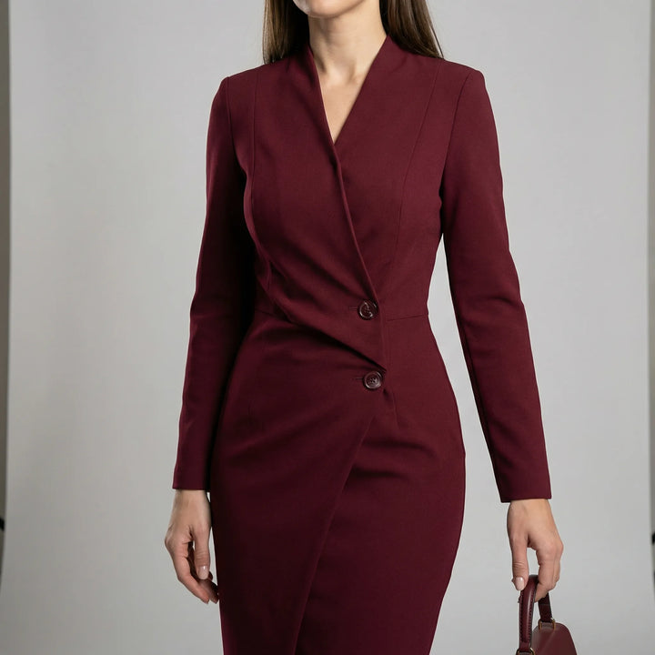 Midi jurk dames | Getailleerde overslag jurk met knopen en lange mouw