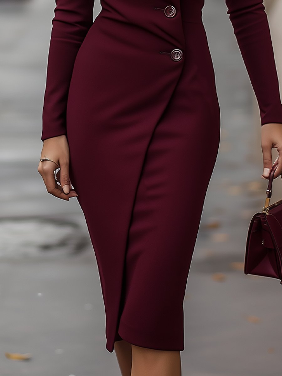 Midi jurk dames | Getailleerde overslag jurk met knopen en lange mouw
