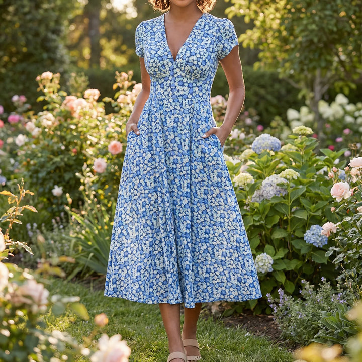 Midi jurk dames | Jurk met v-hals, korte mouw en zakken