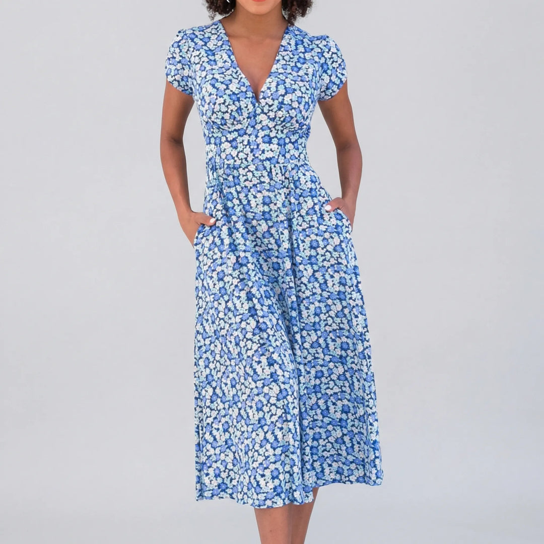 Midi jurk dames | Jurk met v-hals, korte mouw en zakken