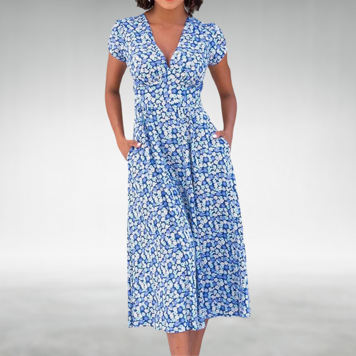 Midi jurk dames | Jurk met v-hals, korte mouw en zakken