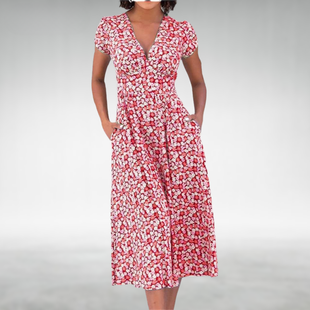 Midi jurk dames | Jurk met v-hals, korte mouw en zakken