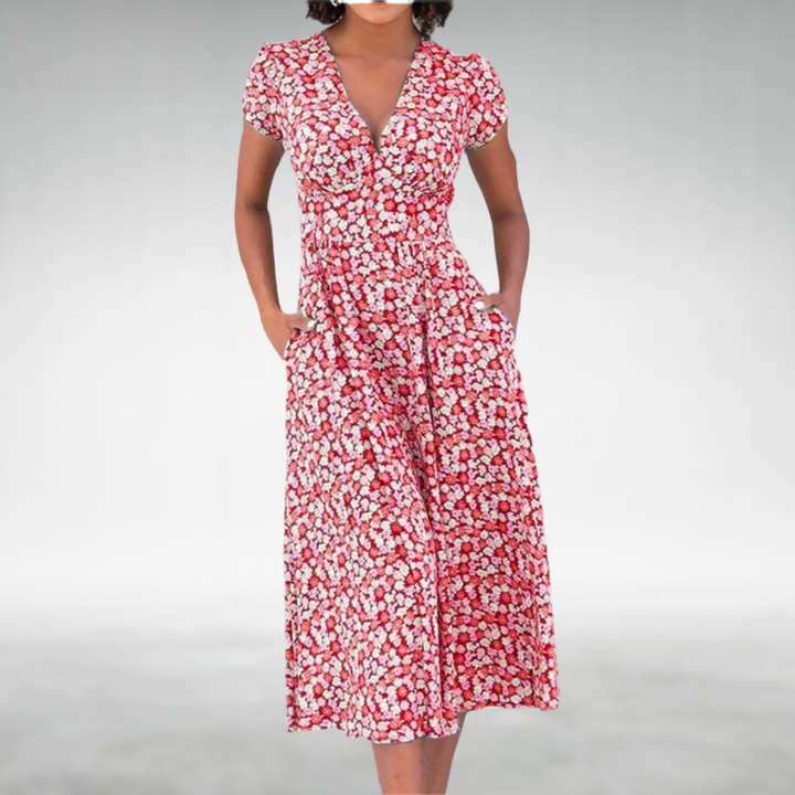 Midi jurk dames | Jurk met v-hals, korte mouw en zakken
