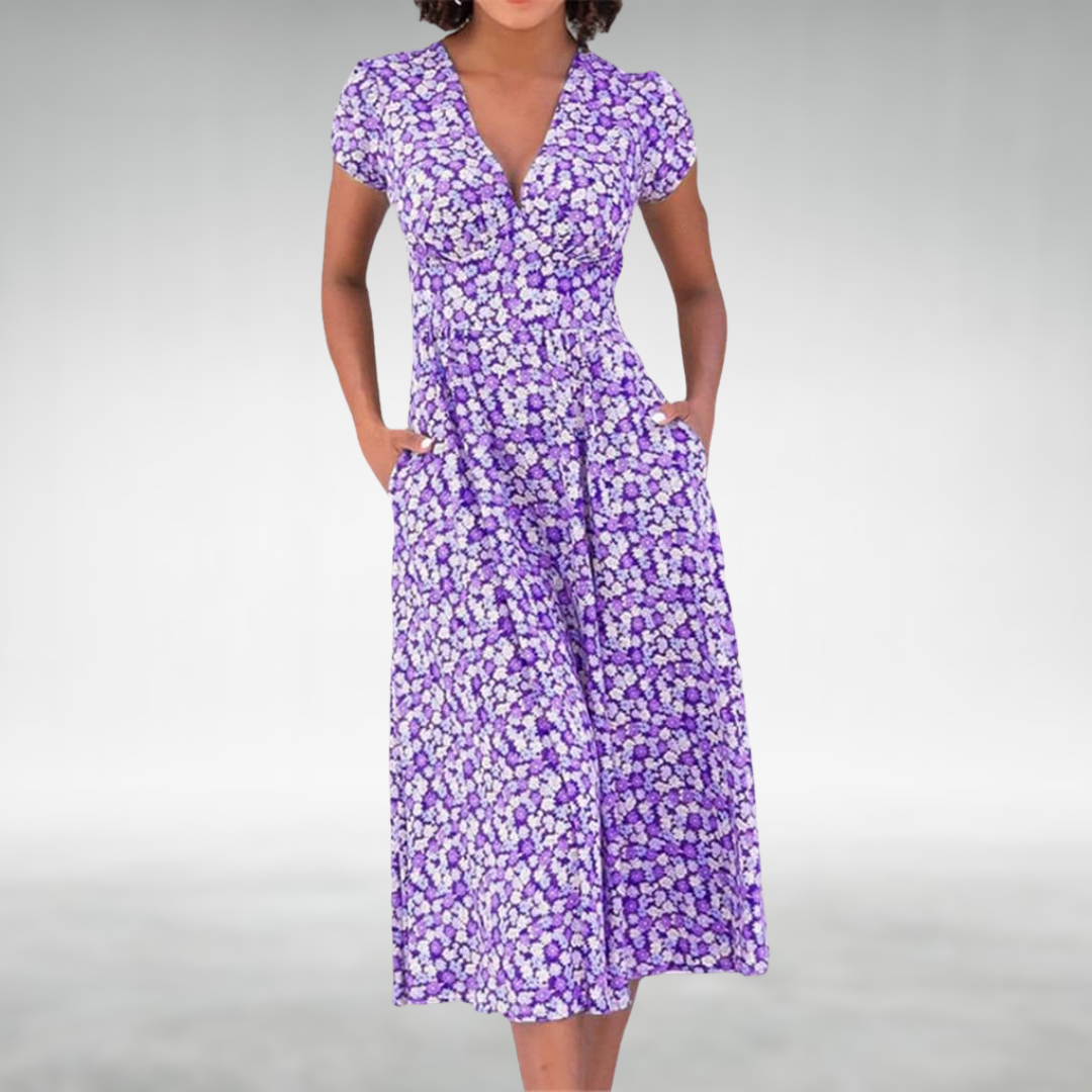 Midi jurk dames | Jurk met v-hals, korte mouw en zakken