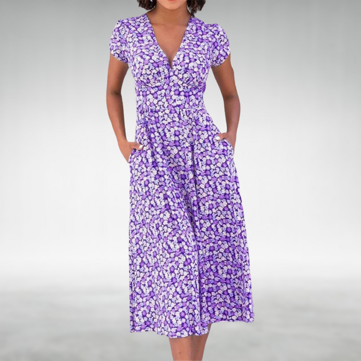 Midi jurk dames | Jurk met v-hals, korte mouw en zakken