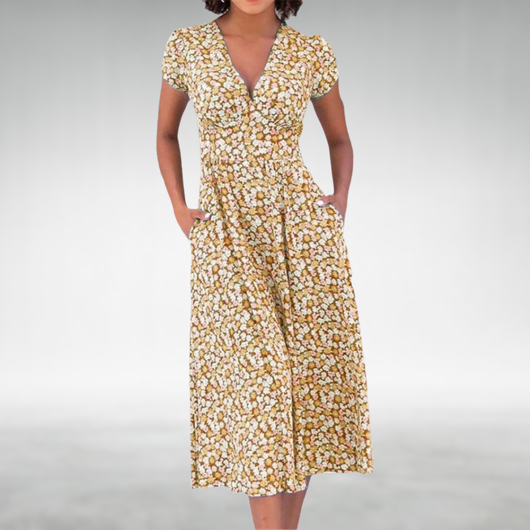 Midi jurk dames | Jurk met v-hals, korte mouw en zakken