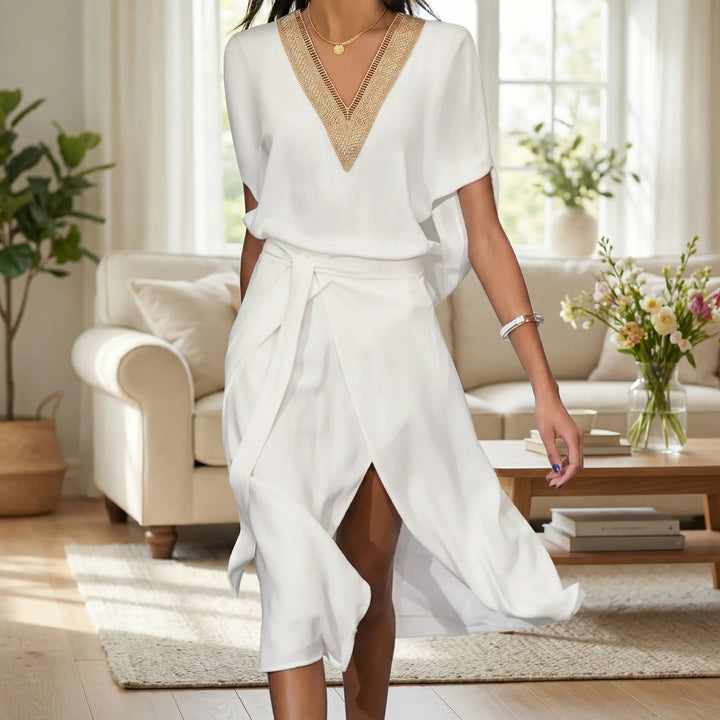 Midi jurk dames | V-hals overslag jurk met elegante split