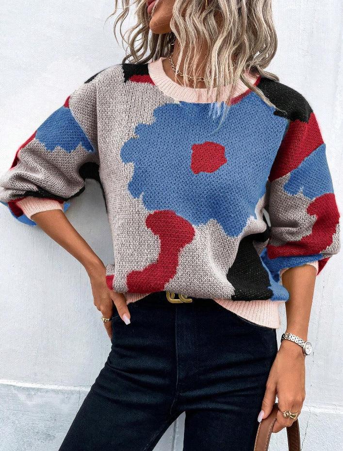 Dames trui | Beige sweater met bloemenprint en ronde hals