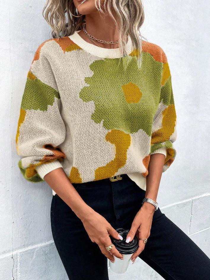 Dames trui | Beige sweater met bloemenprint en ronde hals
