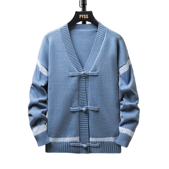 Haiku | Blauwe heren cardigan met unieke knoopsluiting