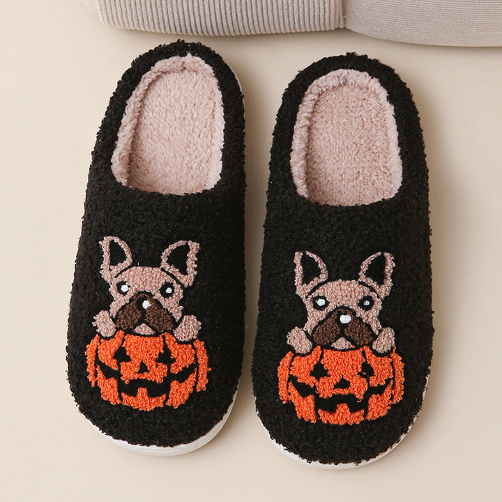 Pumpkin Pup Pantoffels | Warme dames sloffen met hond en pompoenprint