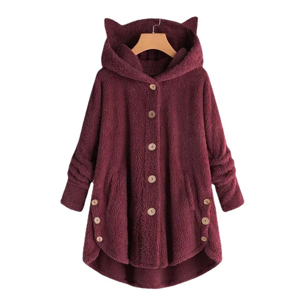 Dames teddy jas | Grijze fleece coat met capuchon