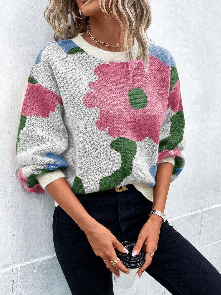 Dames trui | Beige sweater met bloemenprint en ronde hals
