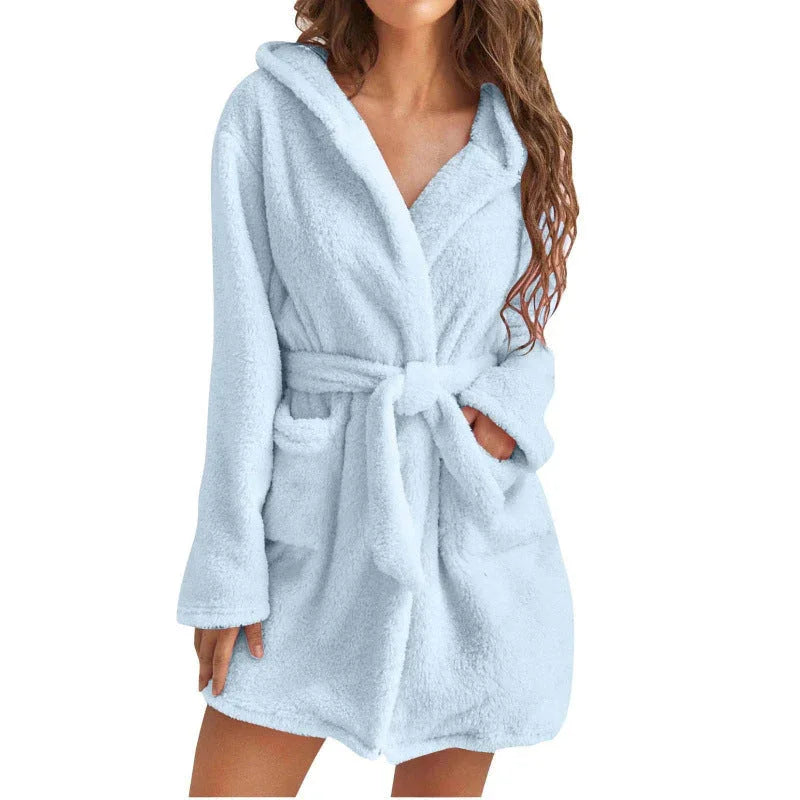 Badjas dames | Zwarte fleece kamerjas met capuchon en ceintuur
