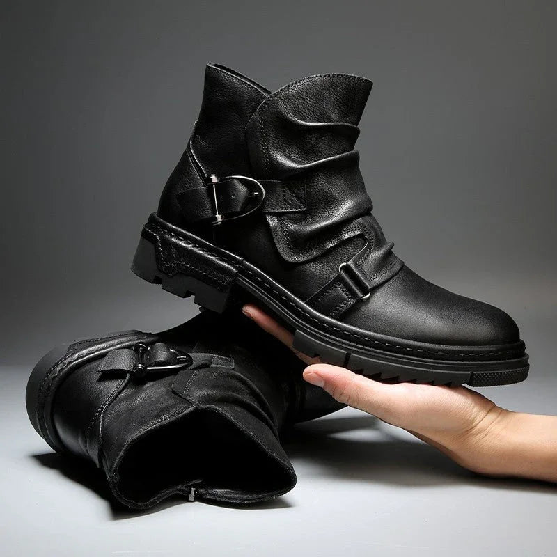 Heren boots | Leren biker laarzen met gesp en rits
