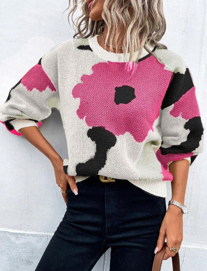 Dames trui | Beige sweater met bloemenprint en ronde hals
