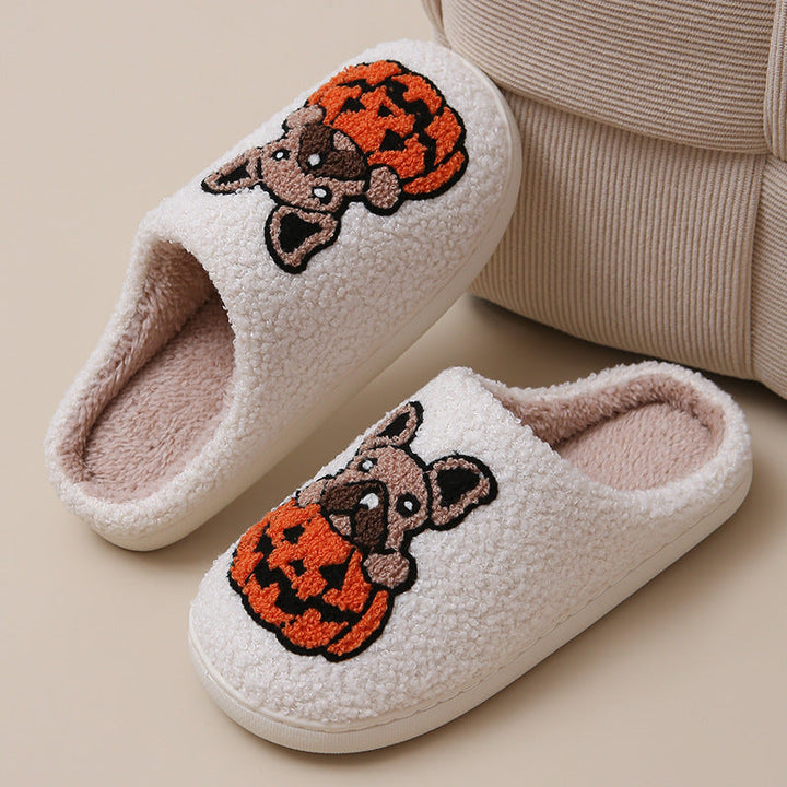 Pumpkin Pup Pantoffels | Warme dames sloffen met hond en pompoenprint