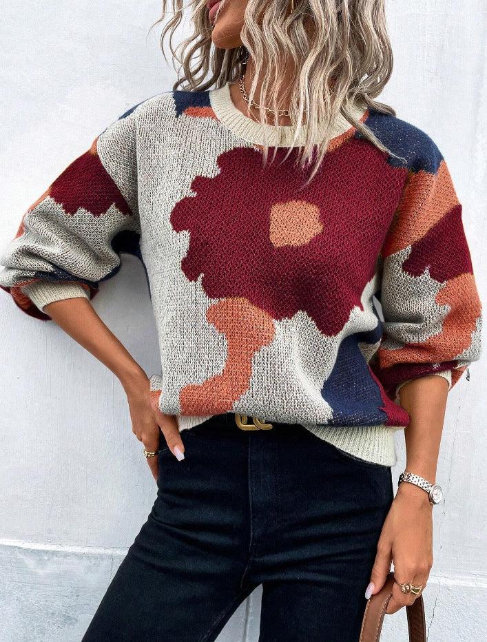 Dames trui | Beige sweater met bloemenprint en ronde hals