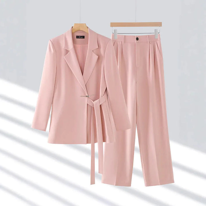 Dames blazer set | Roze tailored fit met ceintuur en wijde pantalon