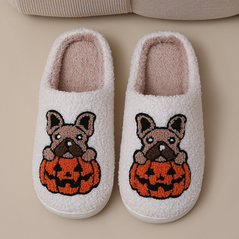 Pumpkin Pup Pantoffels | Warme dames sloffen met hond en pompoenprint