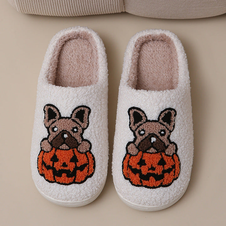 Pumpkin Pup Pantoffels | Warme dames sloffen met hond en pompoenprint